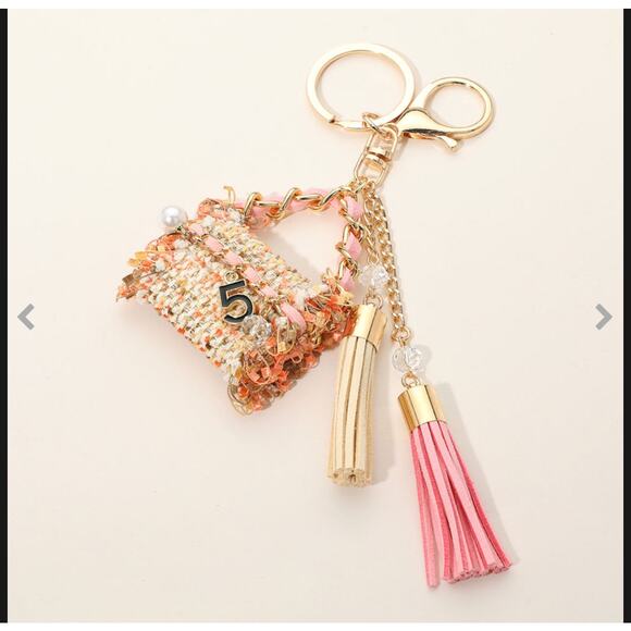Pink Pearl Tweed Handbag Tassel Bag Charm /  Keychain - Picture 1 of 3